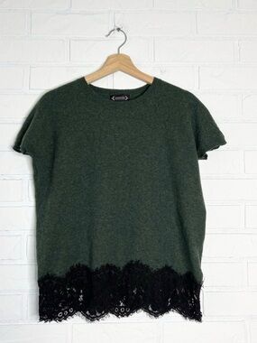 Nanette Lepore green merino wool, black lace short sleeve sweater M